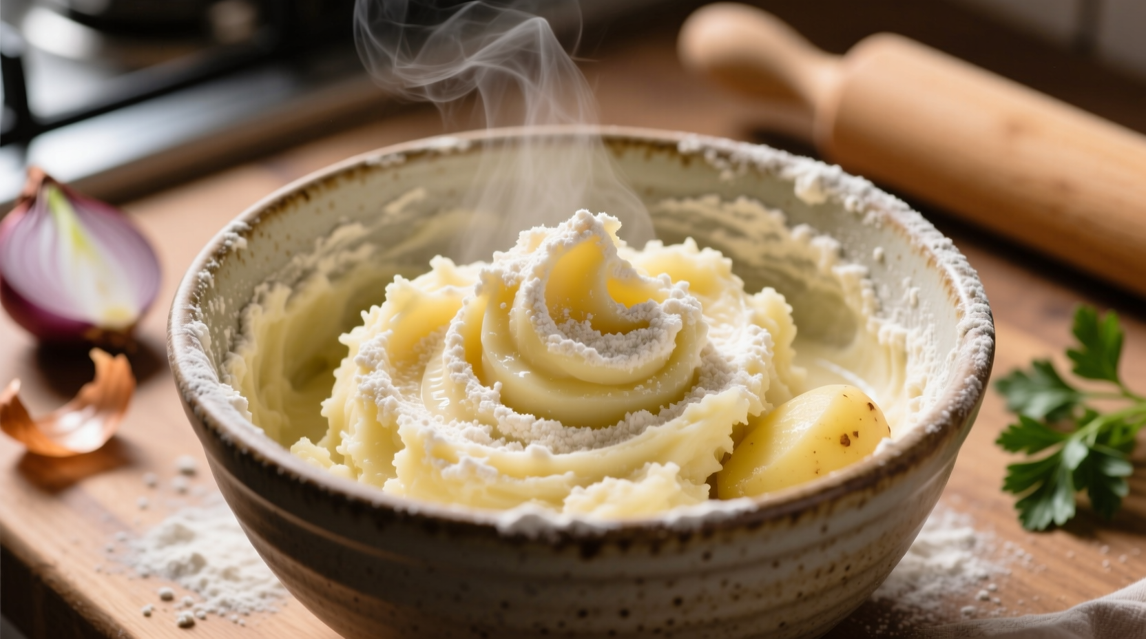 Potato and flour mixture in a mixing bowl