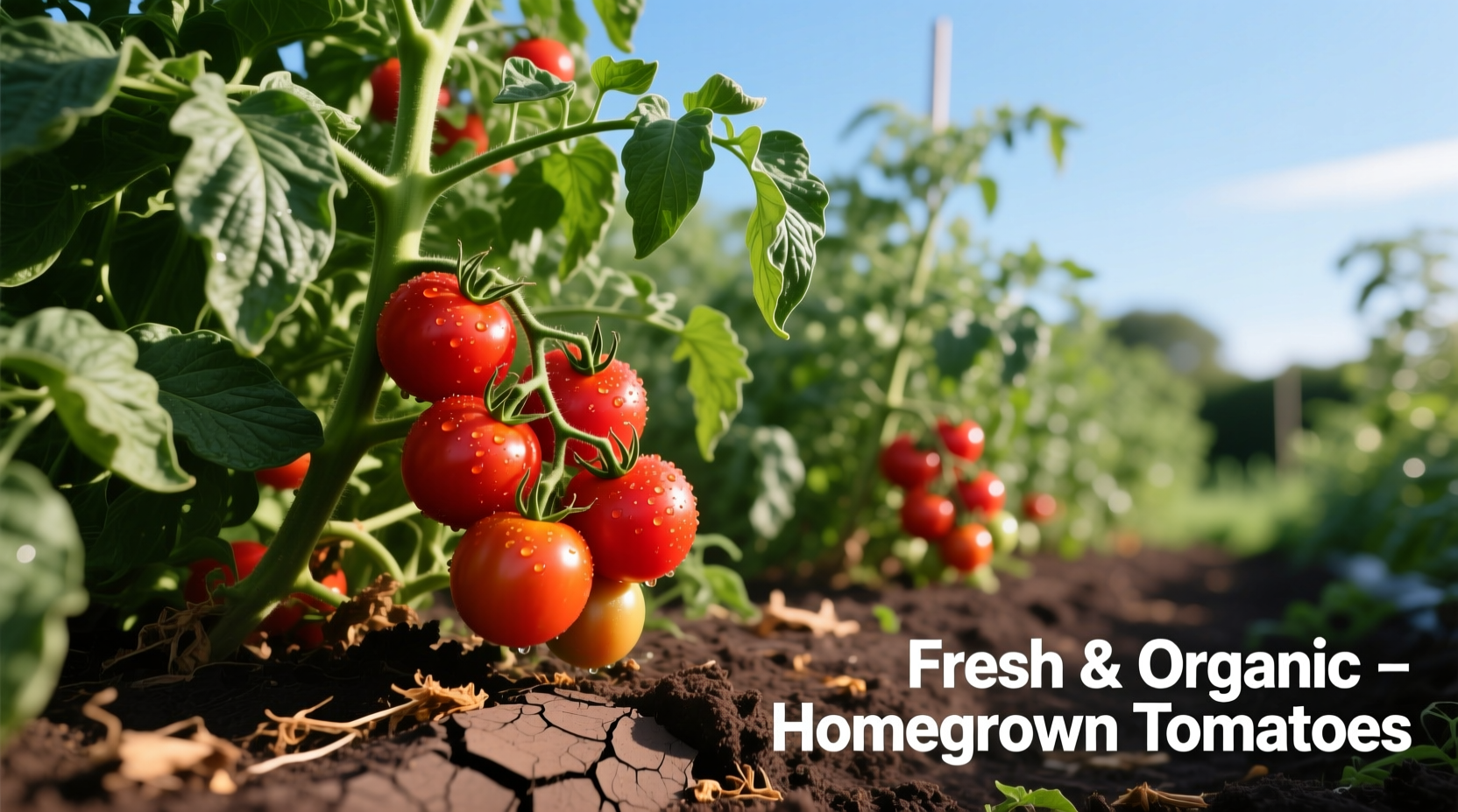 Healthy tomato plants growing in garden bed with red fruits