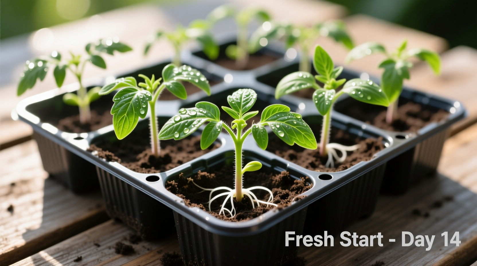 Healthy tomato seedlings in starter trays with bright green leaves
