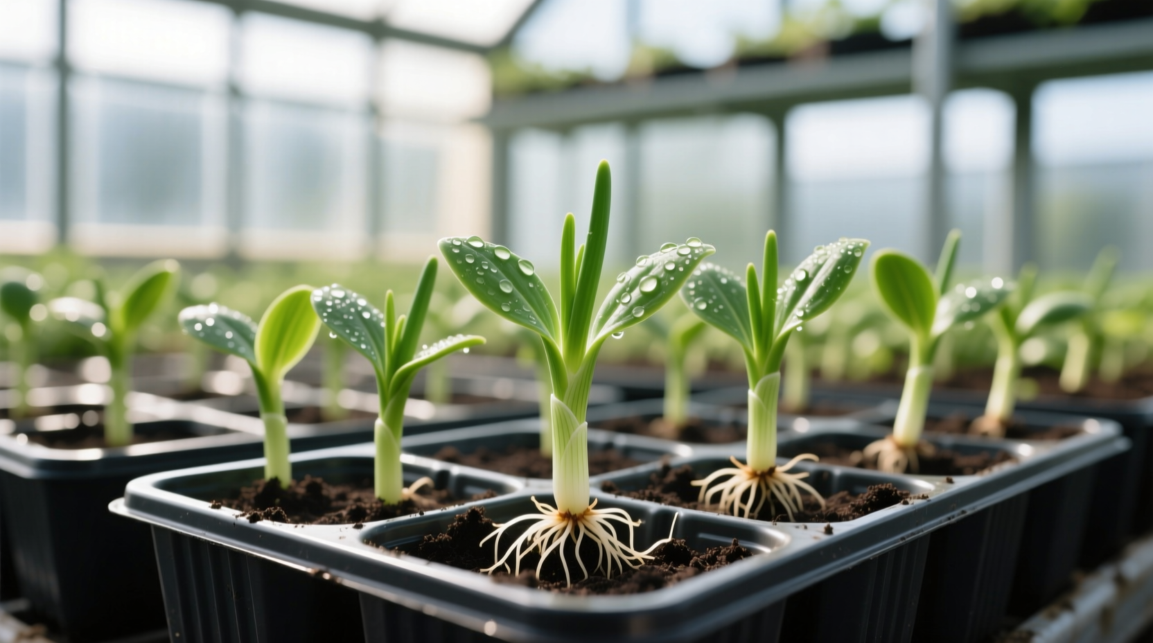 Close-up of onion seedlings in starter trays