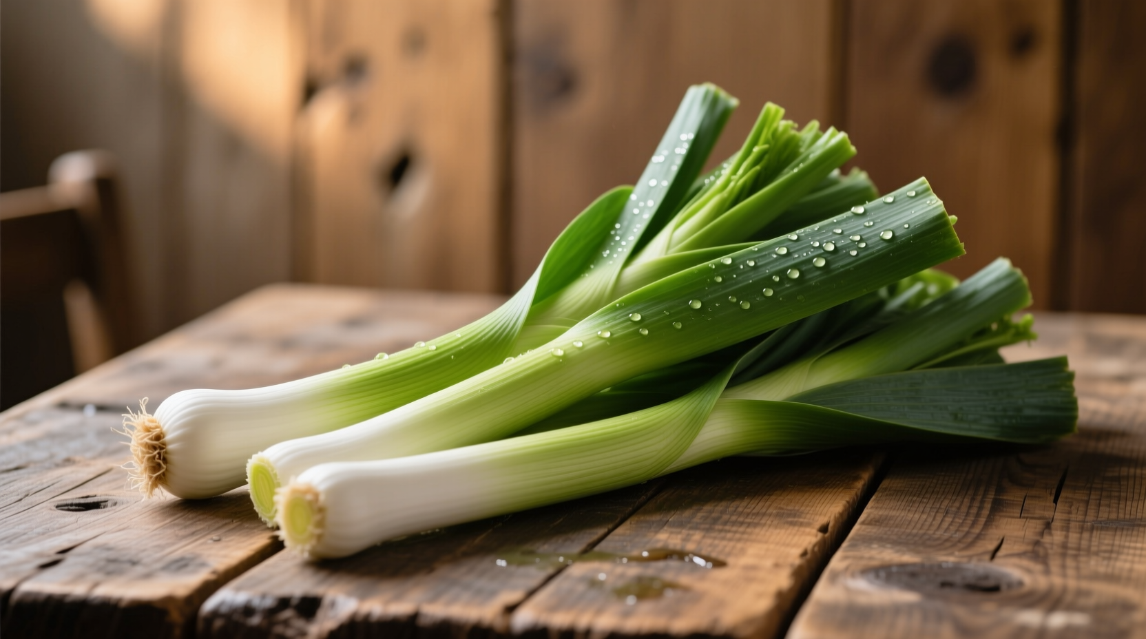Fresh leeks with white base and green stalks on wooden table