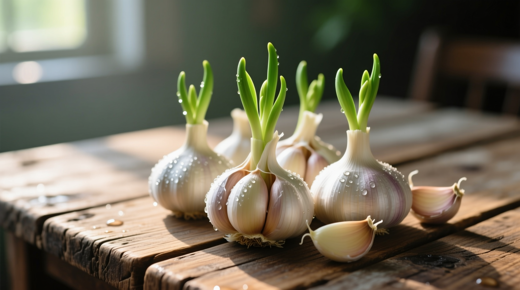 Fresh garlic bulbs with green sprouts on wooden table