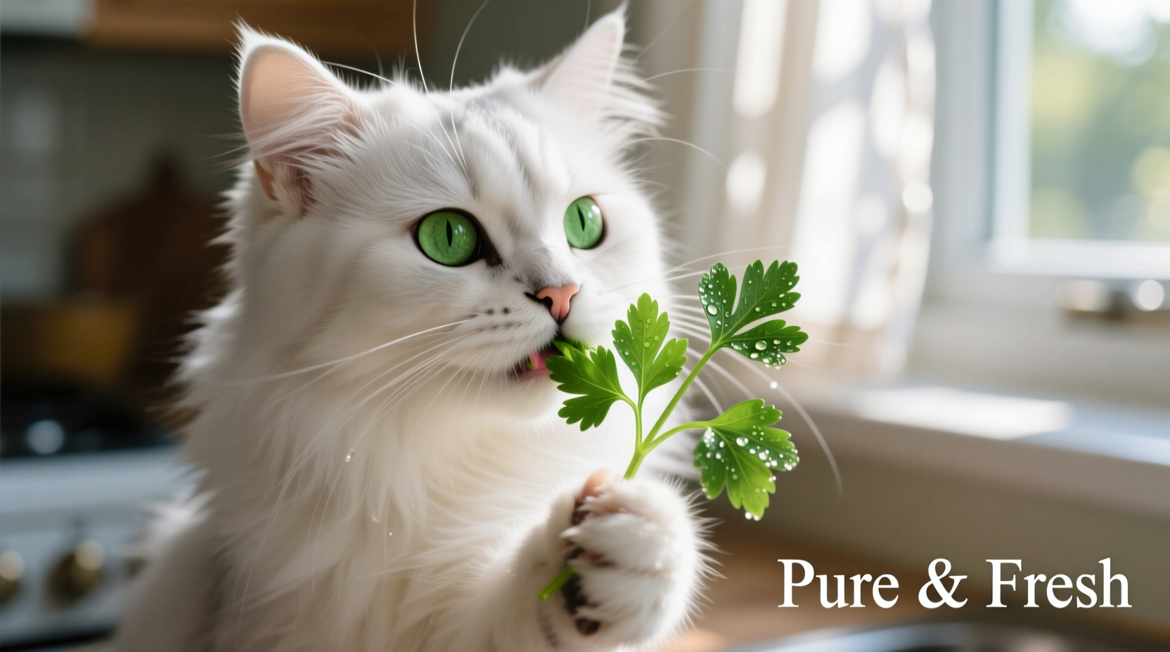 Cat safely nibbling on fresh parsley sprig