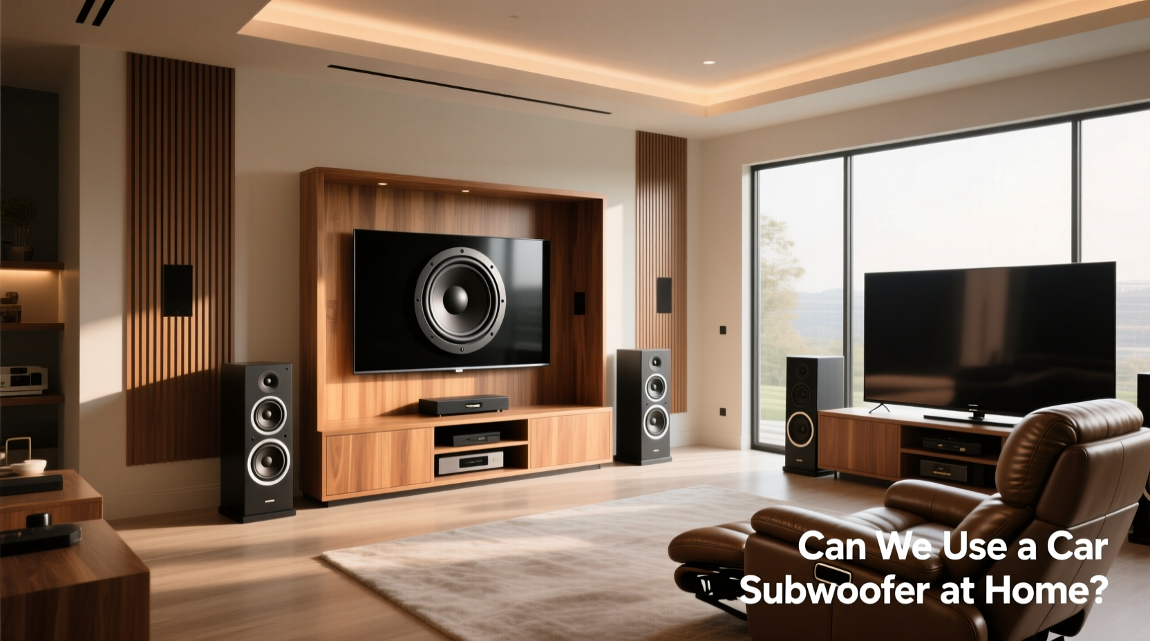 Car subwoofer integrated into a home entertainment center with wires and power supply visible