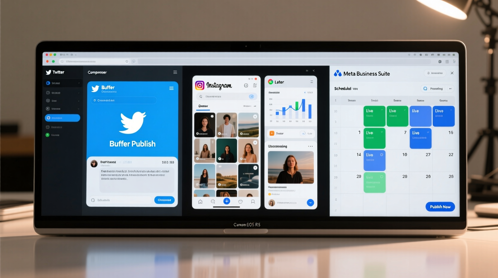 Three browser tabs side-by-side: Twitter Composer with Buffer Publish icon active, Instagram feed view with Later extension panel open, and Meta Business Suite calendar showing scheduled posts—all visible on a single 15-inch laptop screen