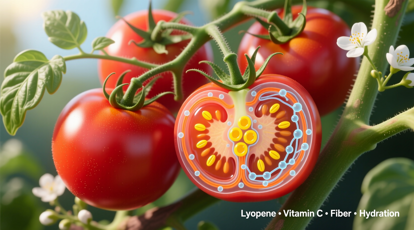 Ripe tomatoes on vine showing nutritional components