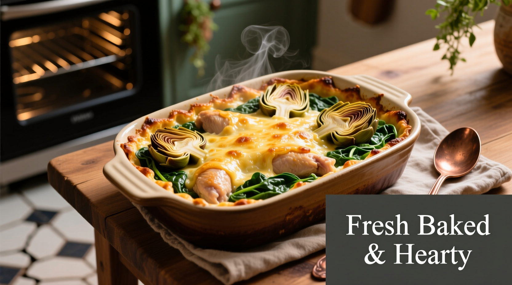 Golden chicken artichoke spinach casserole fresh from oven