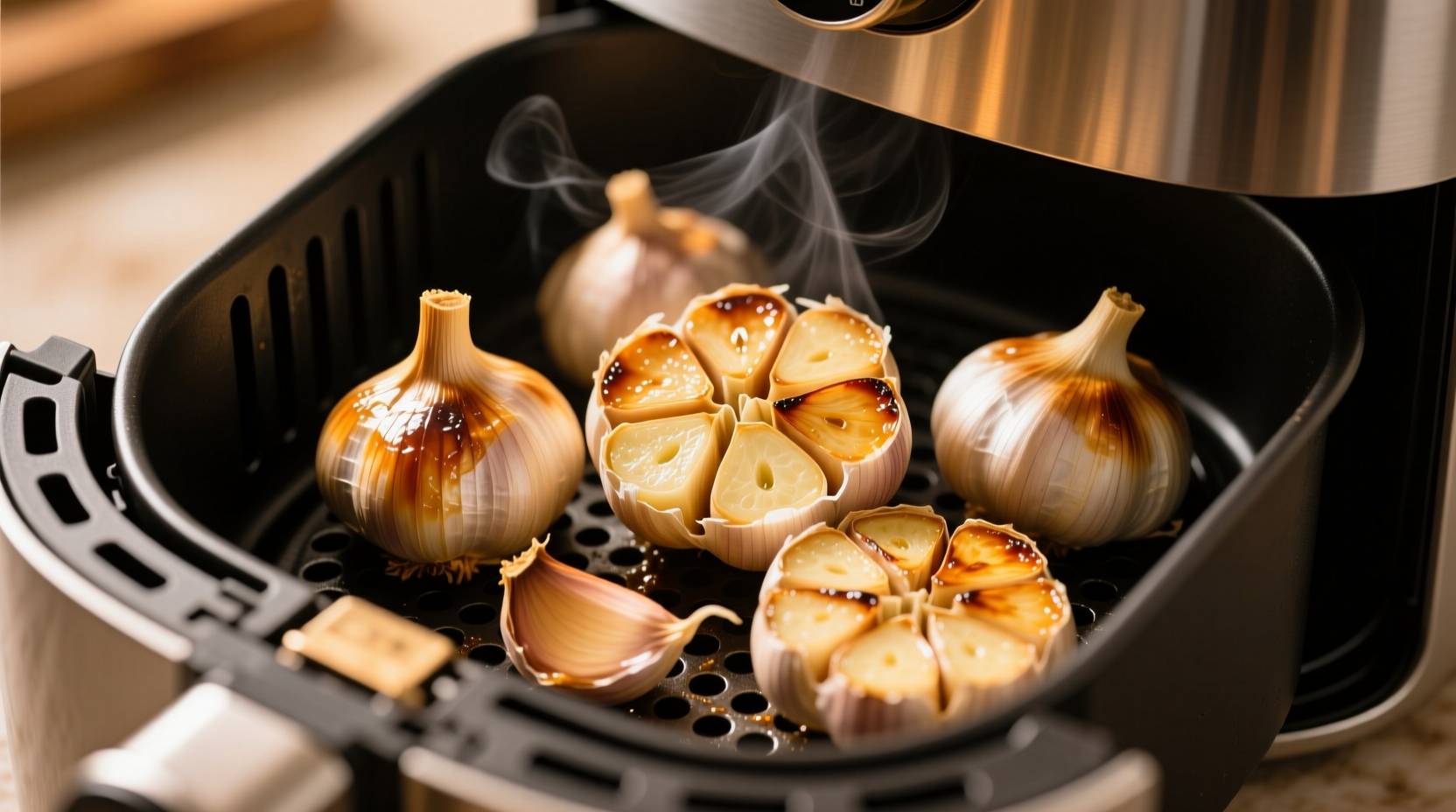 Perfectly roasted garlic cloves in air fryer basket