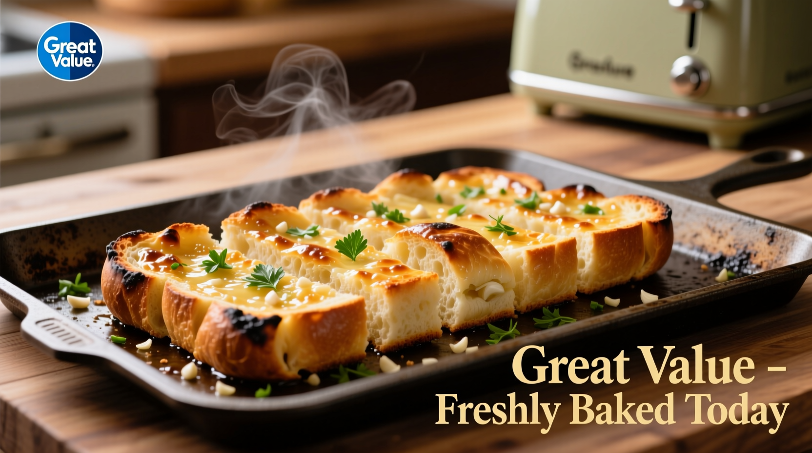 Freshly baked Great Value garlic bread on baking sheet