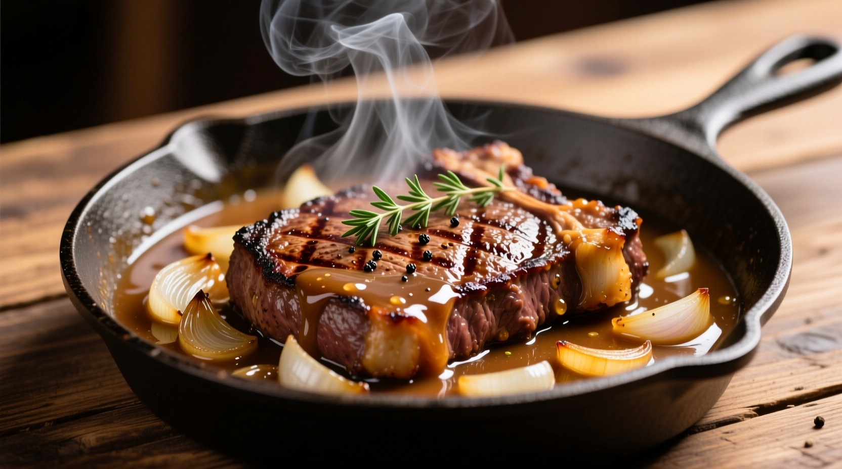 Sizzling Salisbury steak with French onion gravy