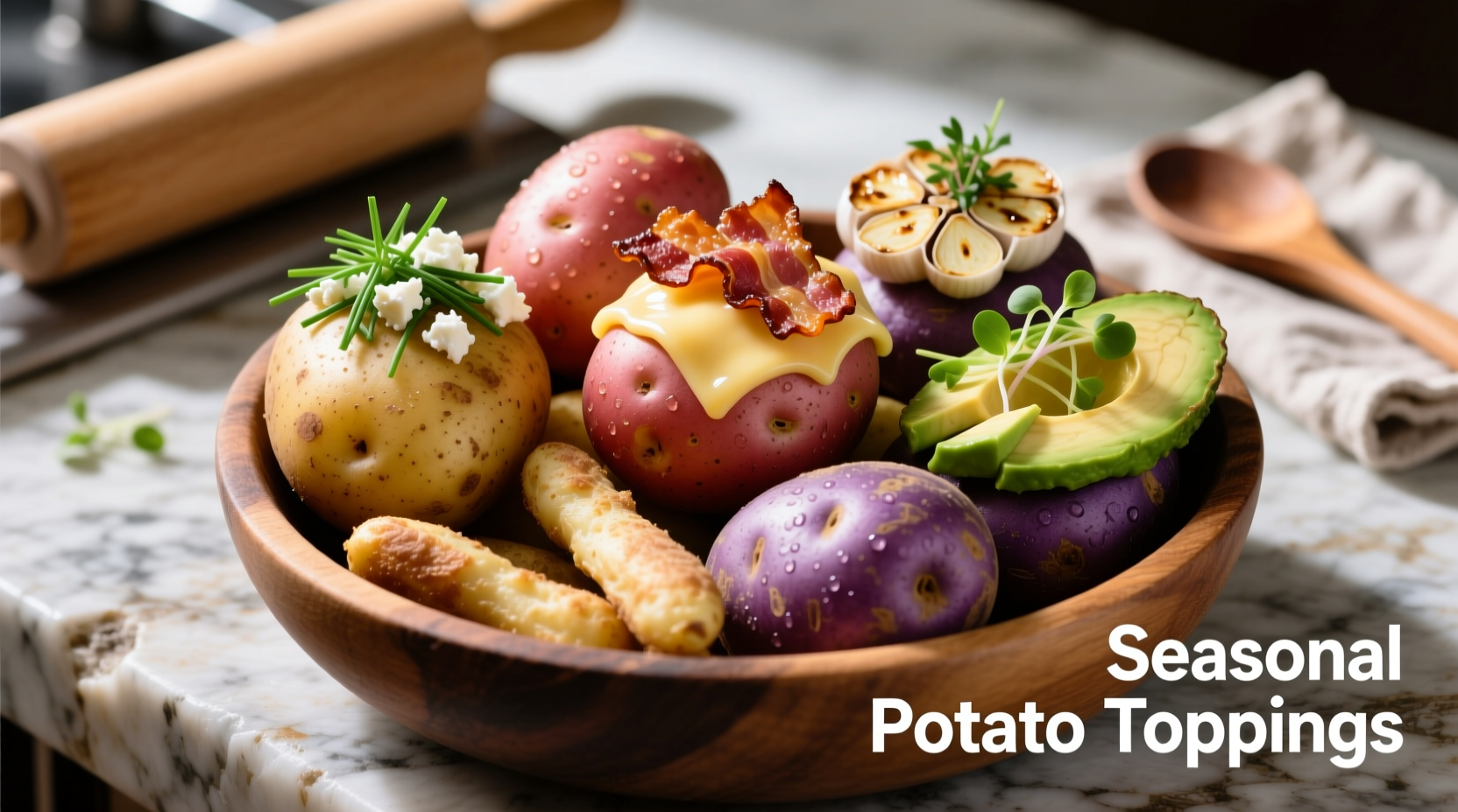 Variety of potatoes with assorted toppings
