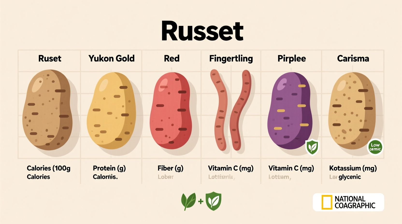 Potato nutrition comparison chart showing different varieties