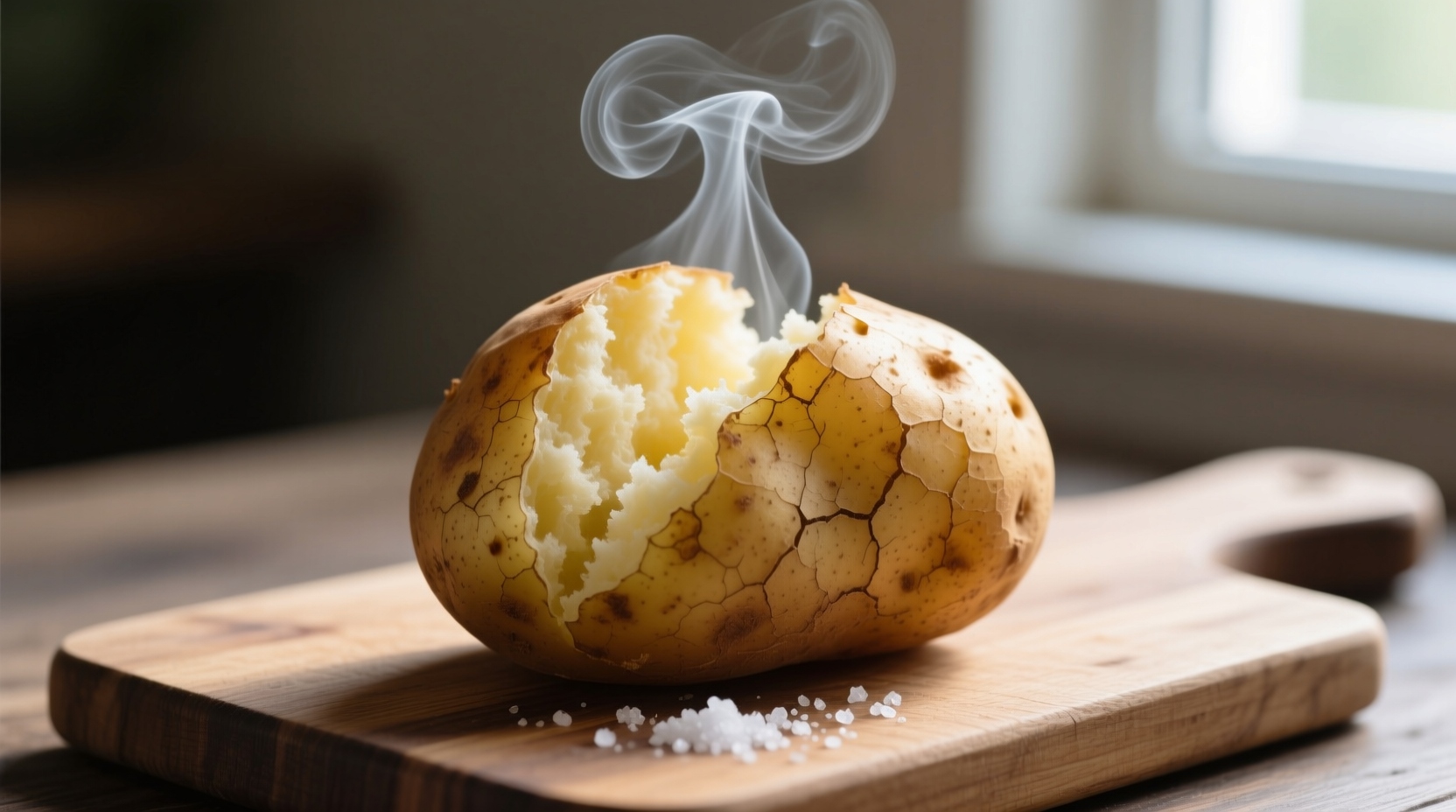 Perfectly fluffy baked potato with steam rising