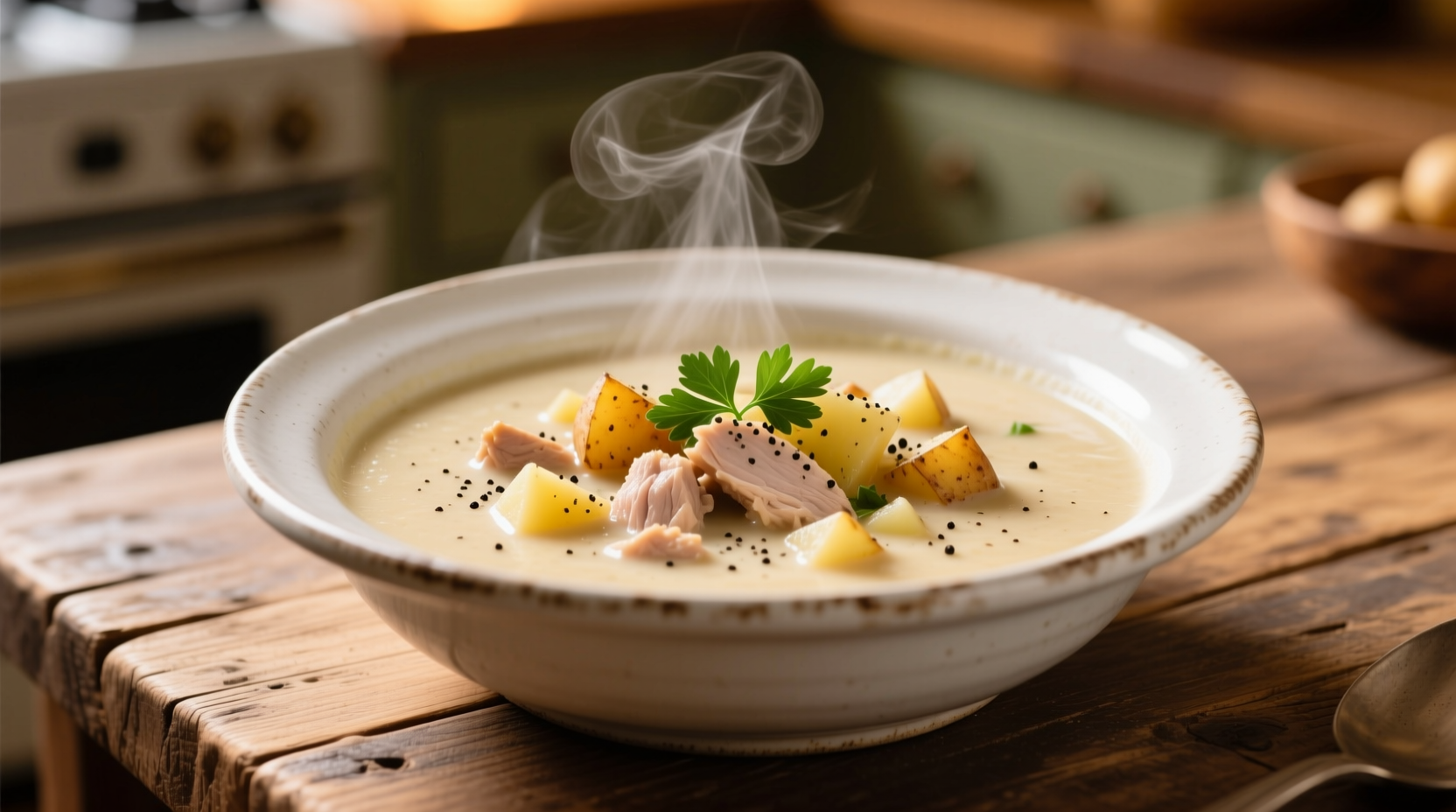 Creamy turkey and potato soup in white bowl