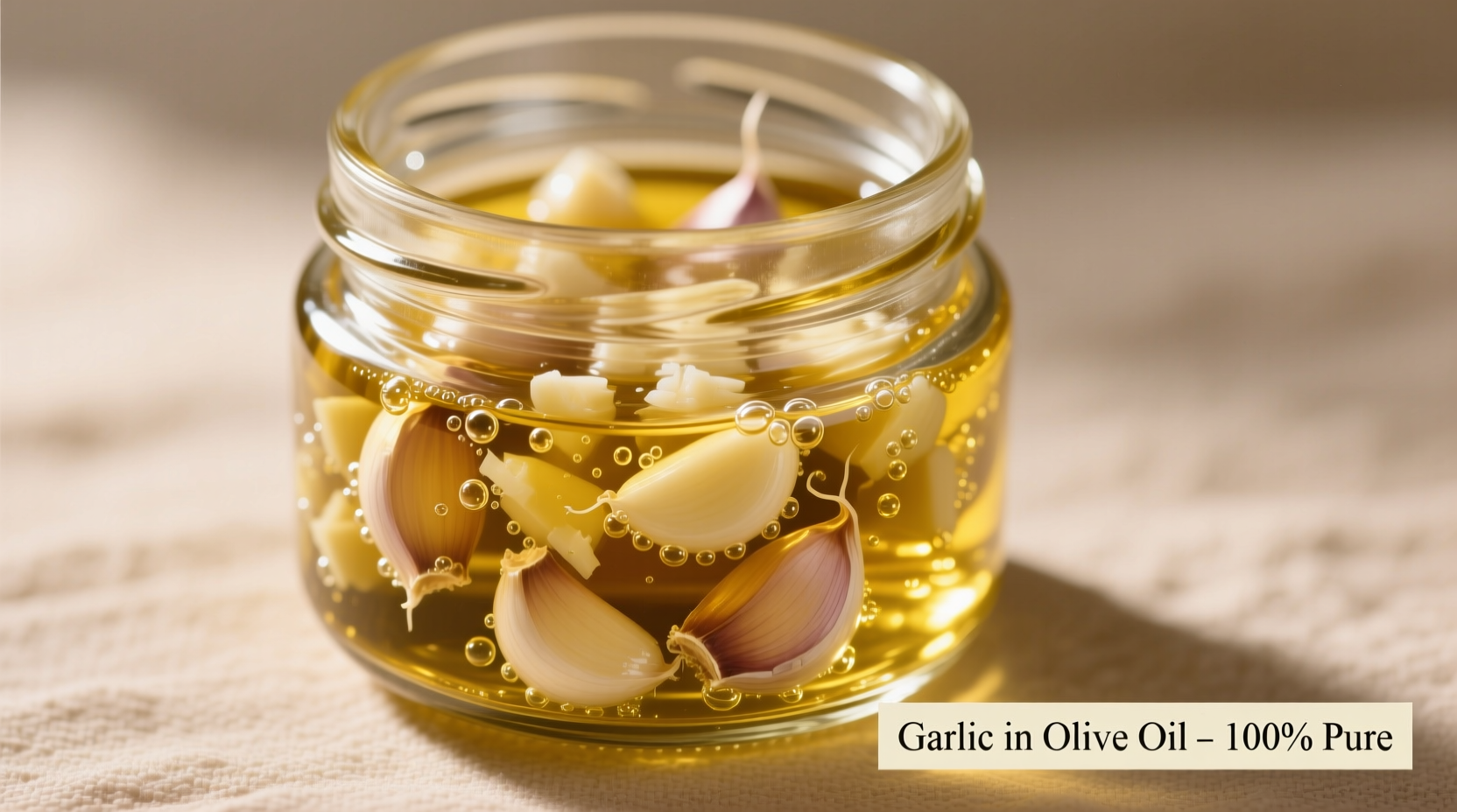 Minced garlic stored in glass container with olive oil