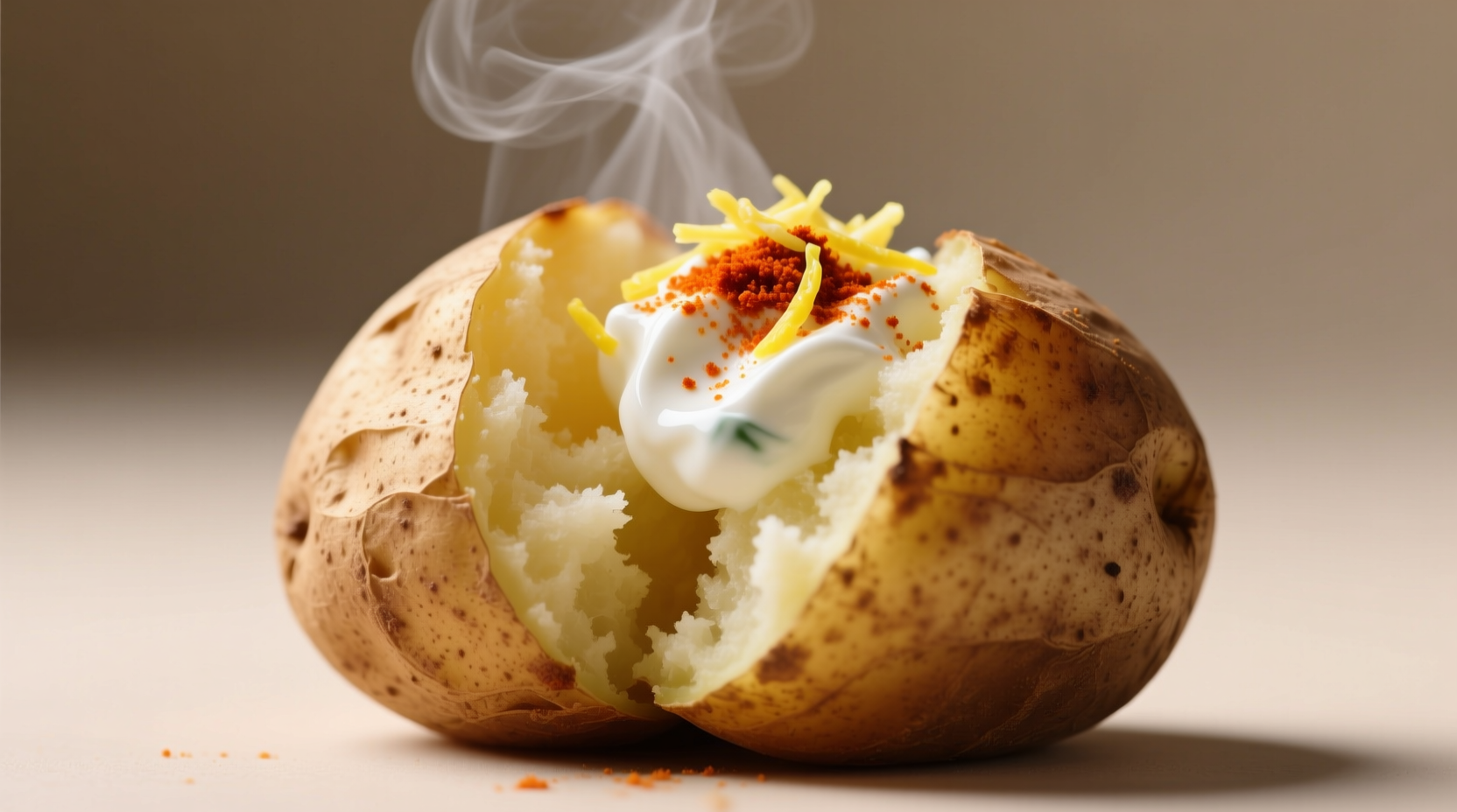 Close-up of baked potato topped with smoked paprika, lemon zest, and Greek yogurt