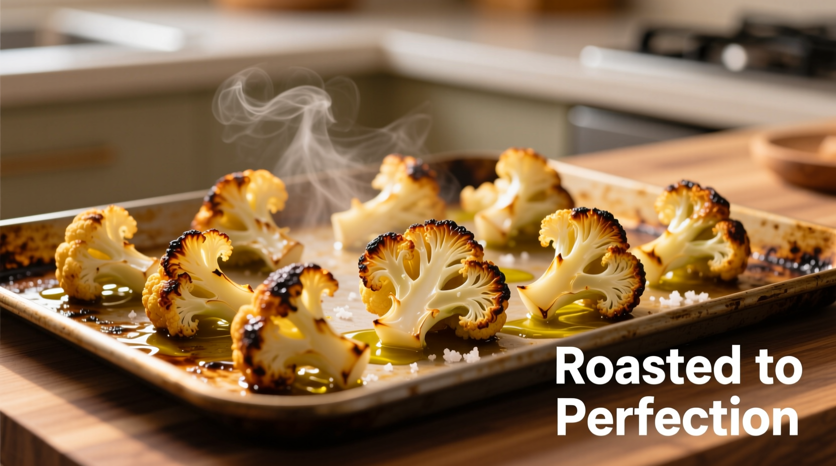 Golden roasted frozen cauliflower on baking sheet