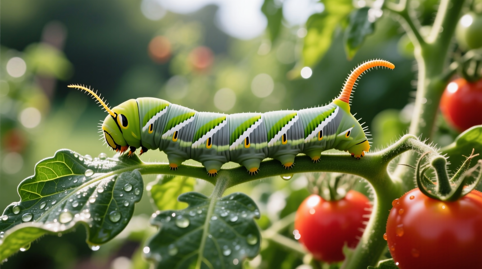 Tomato hornworm on tomato plant
