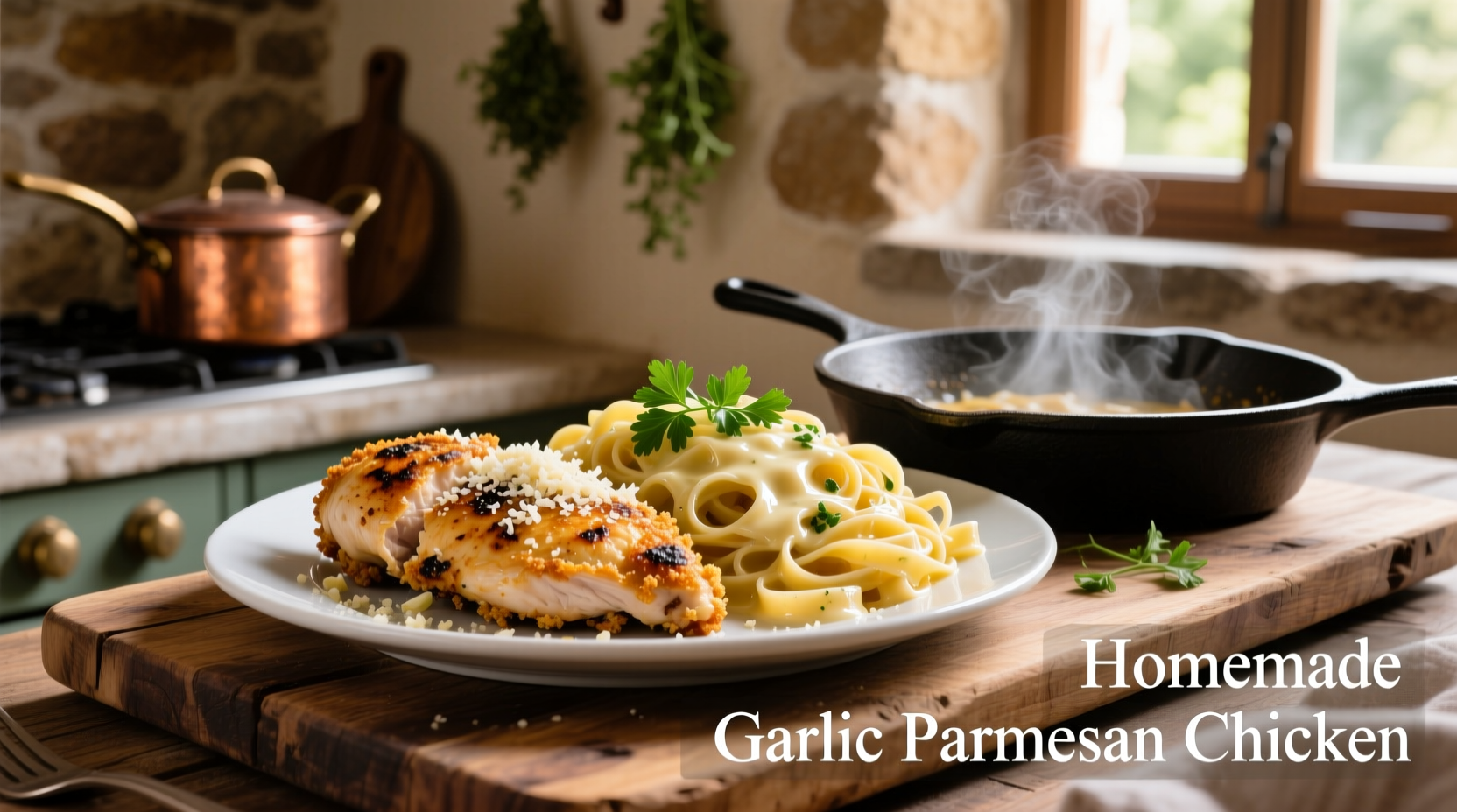 Homemade garlic parmesan chicken with pasta side