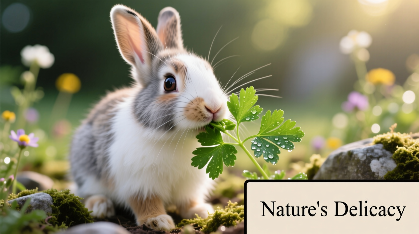Rabbit nibbling fresh parsley leaves