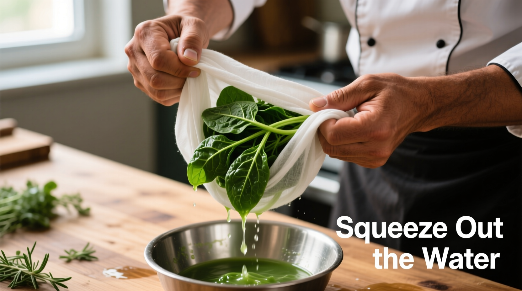 Chef squeezing thawed spinach in cheesecloth