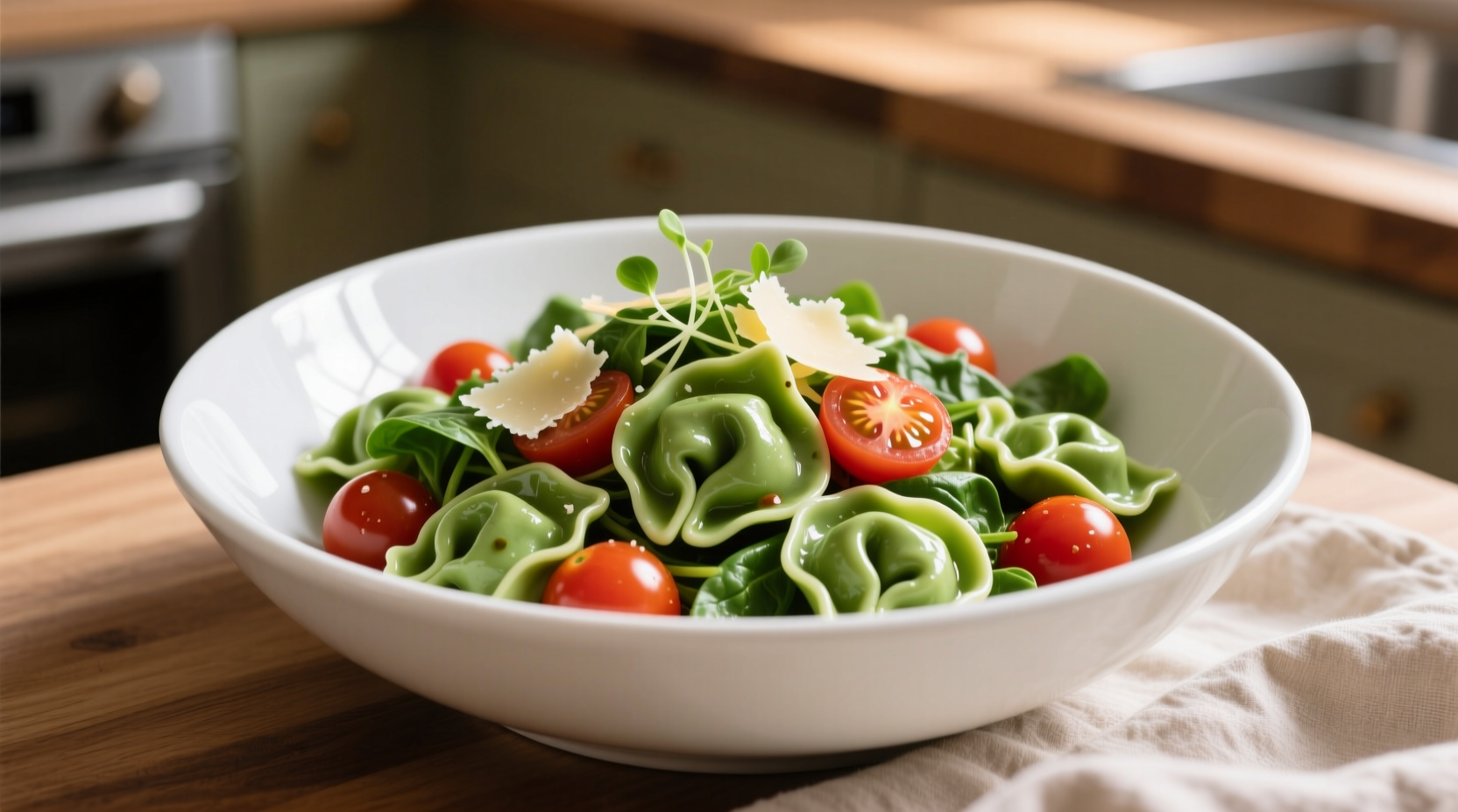 Fresh spinach tortellini salad in white bowl with cherry tomatoes
