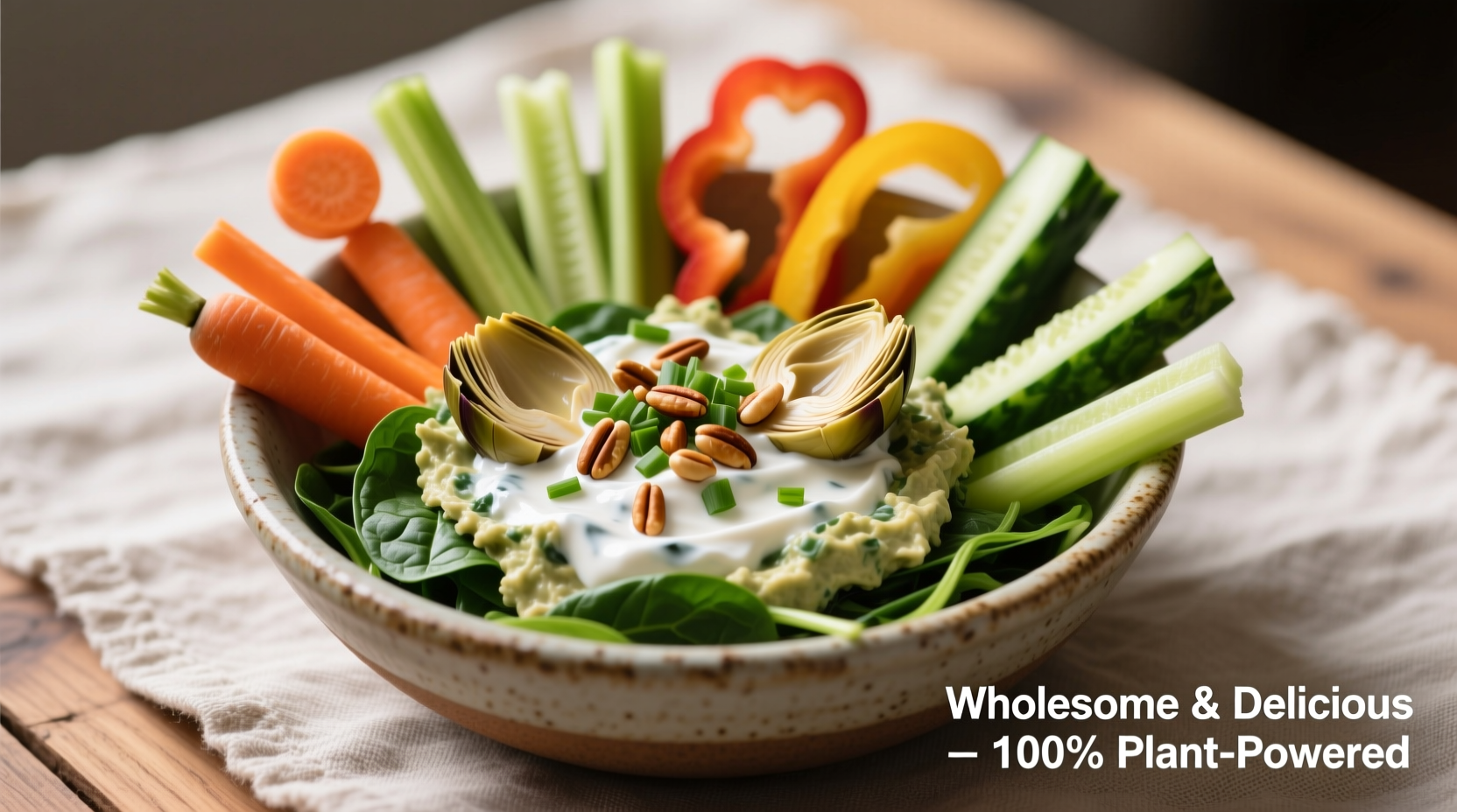 Healthy spinach artichoke dip with vegetable sticks