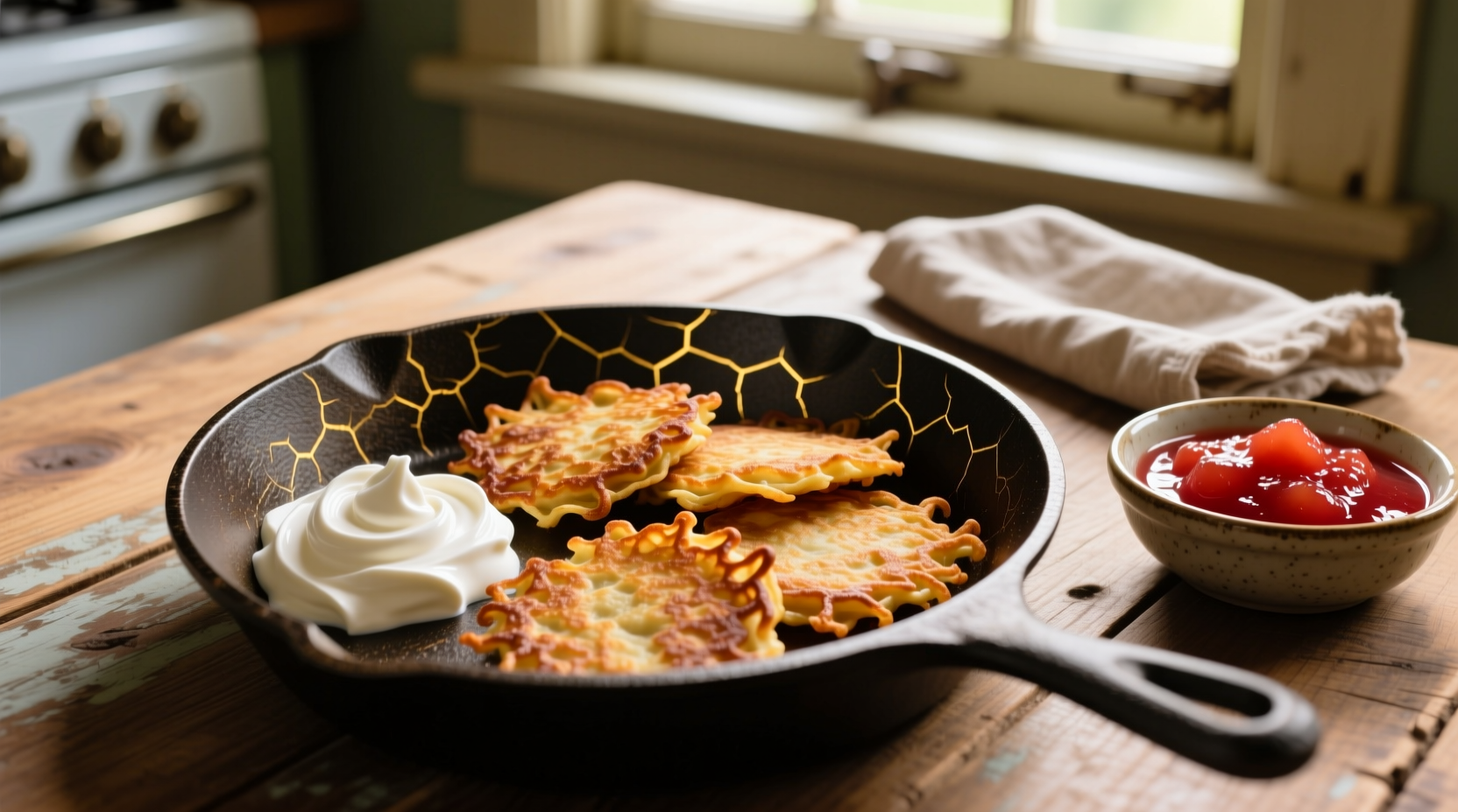Golden brown latkes served with applesauce and sour cream