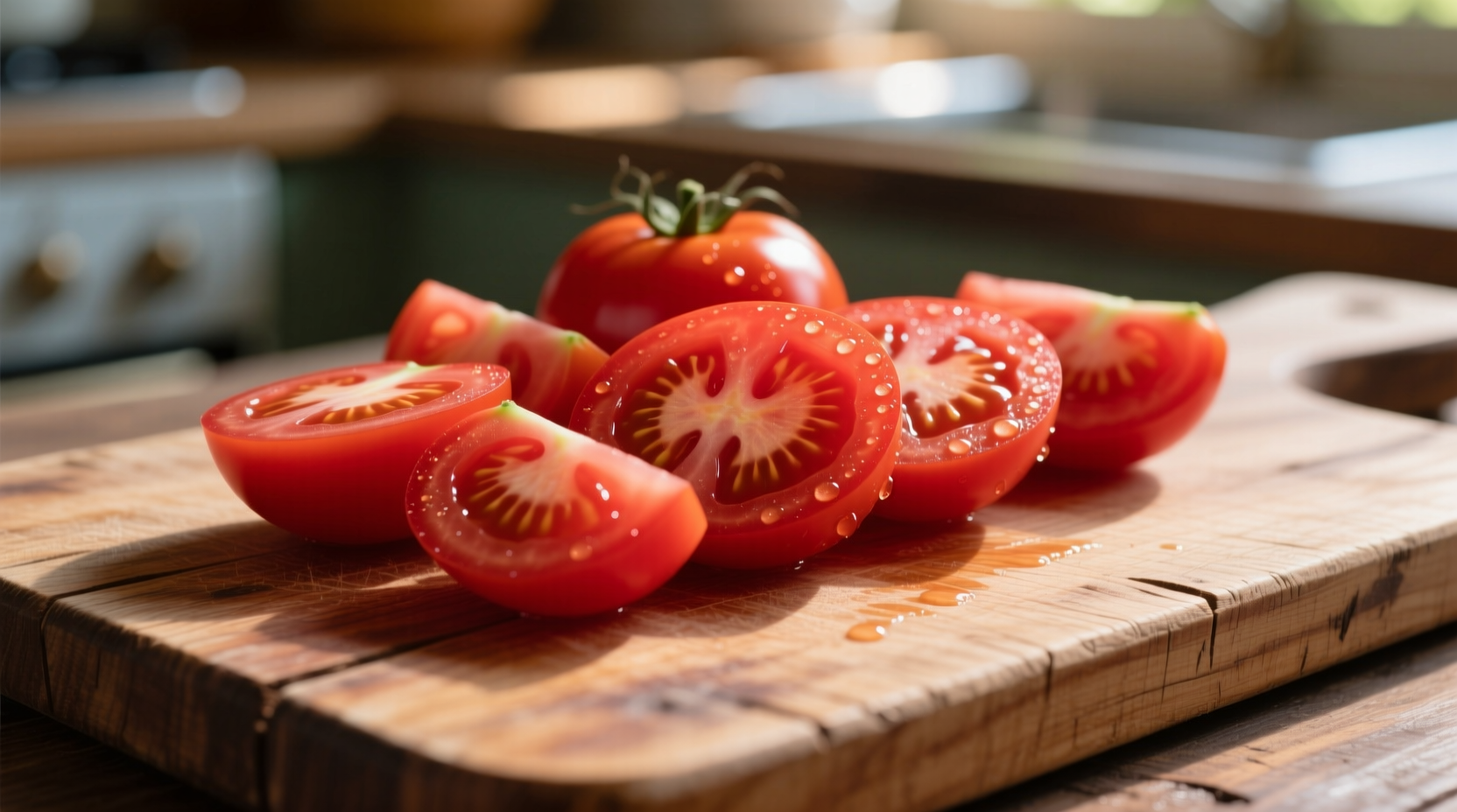 Fresh red tomato slices on wooden cutting board