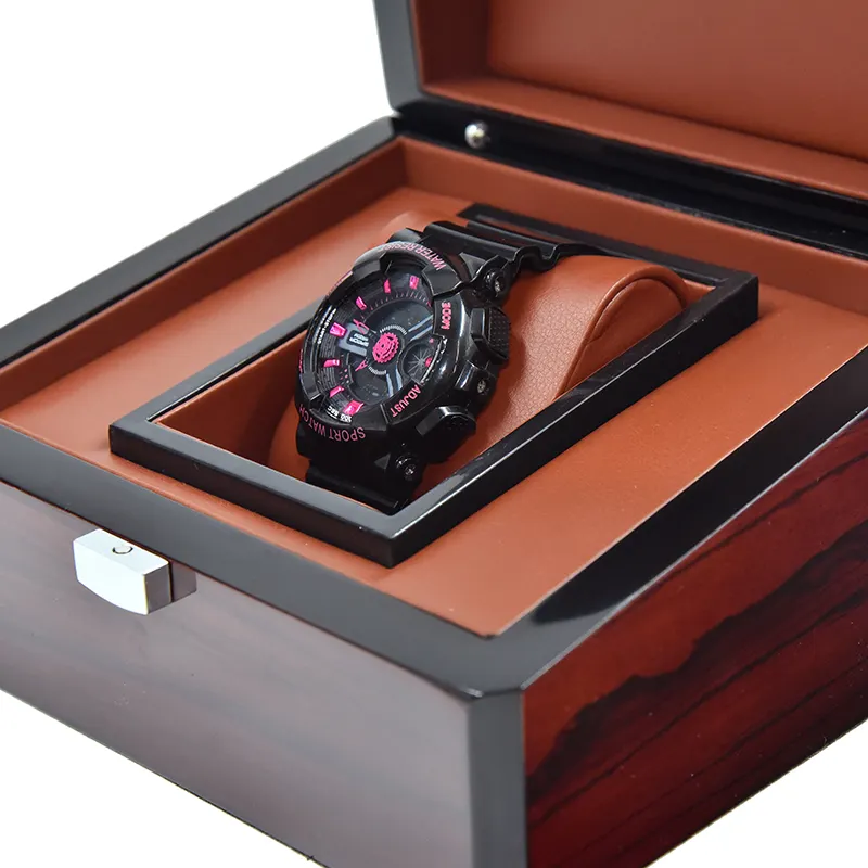 Deluxe Brown Glossy MDF Glossy Wooden Watch Box With Pu Leather Pillow