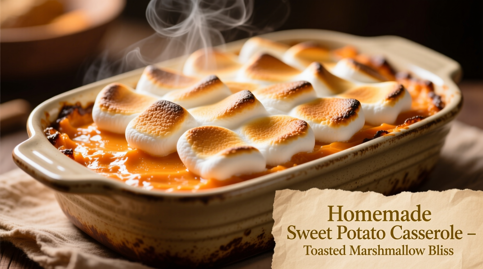 Golden sweet potato casserole with perfectly toasted marshmallows