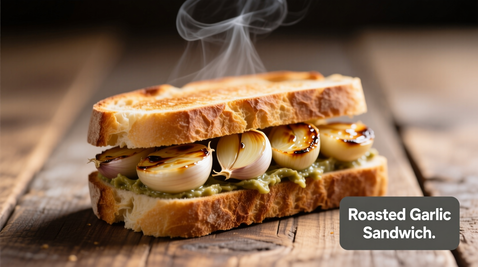 Freshly prepared garlic sandwich with visible roasted garlic cloves
