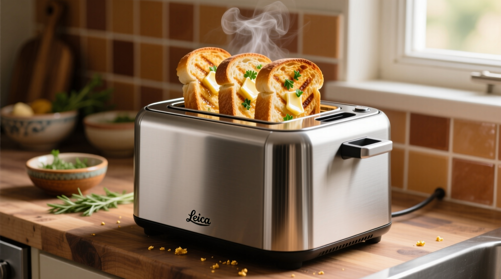Garlic bread machine with golden toasted slices