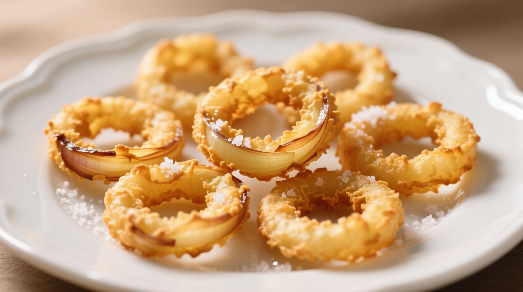 Golden crispy gluten free onion rings on white plate