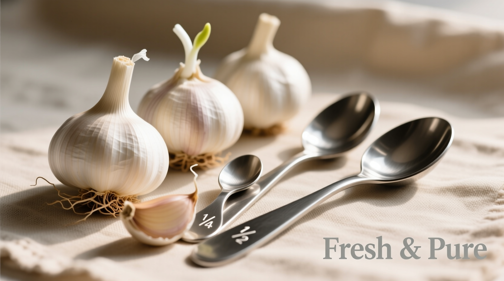 Fresh garlic cloves next to measuring spoons