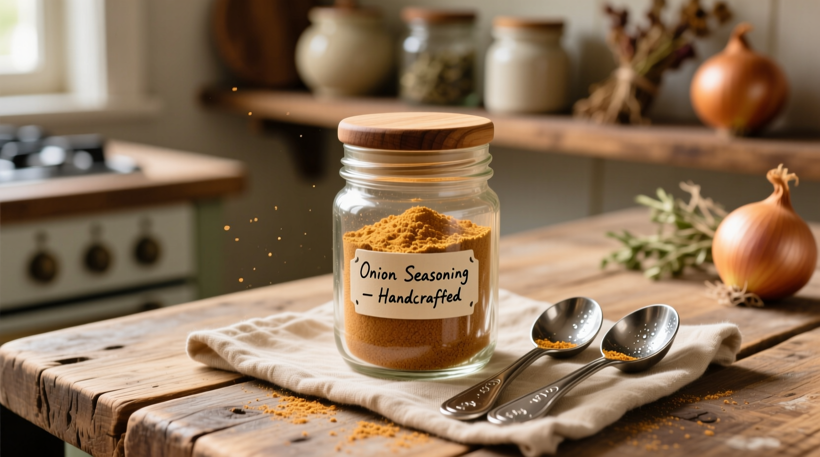 Homemade onion seasoning in glass jar with measuring spoons