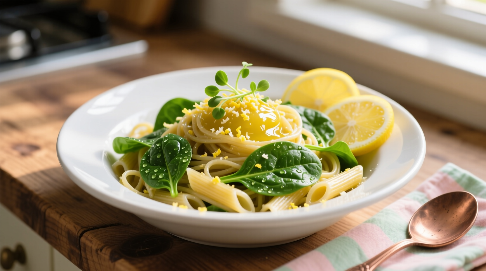 Fresh lemon spinach pasta in white bowl with garnish
