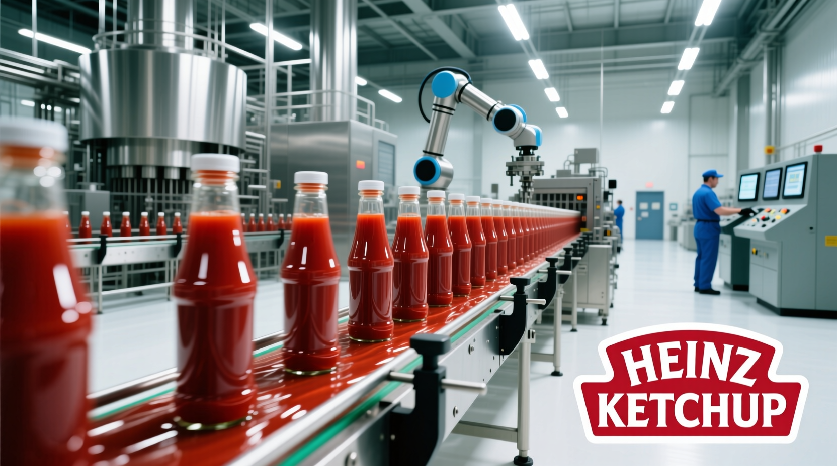 Heinz ketchup production facility with glass bottles on conveyor belt