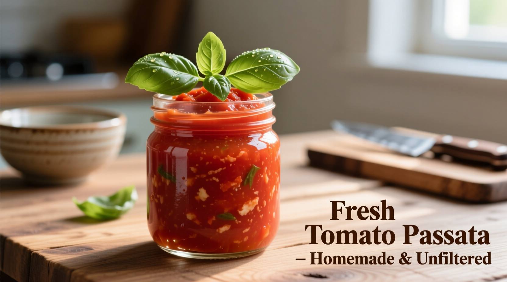 Fresh tomato passata in glass jar with basil garnish