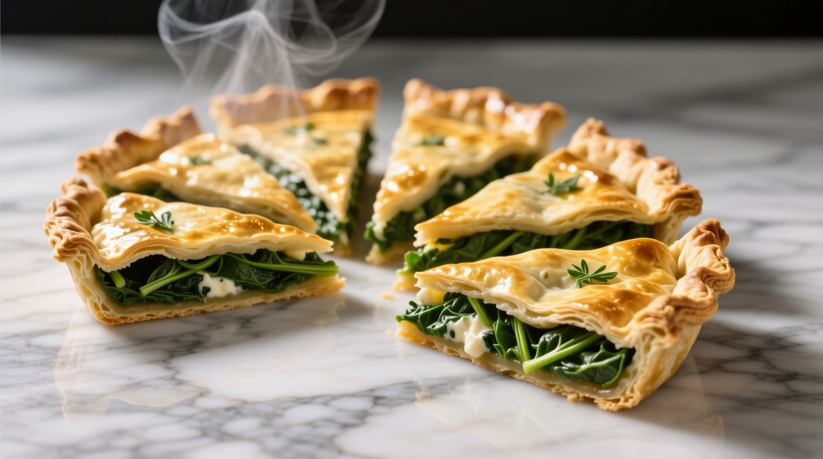 Golden spinach pie triangles on marble surface