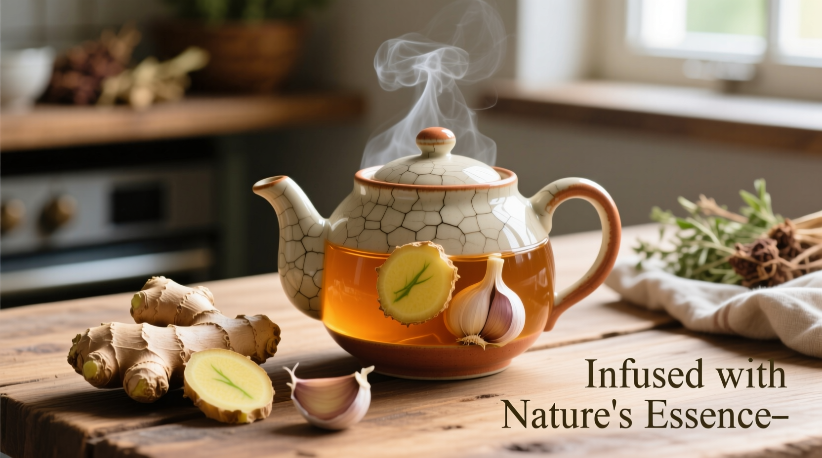 Fresh ginger and garlic steeping in ceramic teapot
