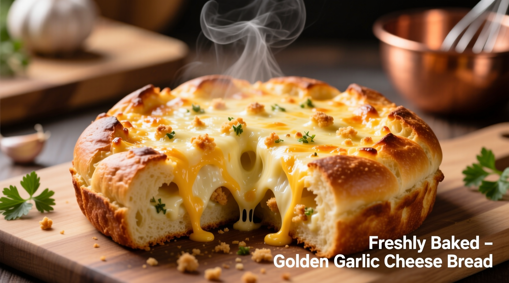 Golden garlic cheese bread with melted cheese bubbling