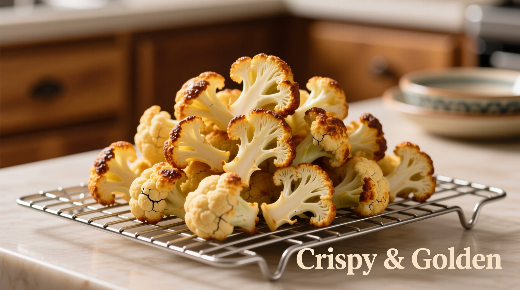 Golden baked cauliflower bites on wire rack