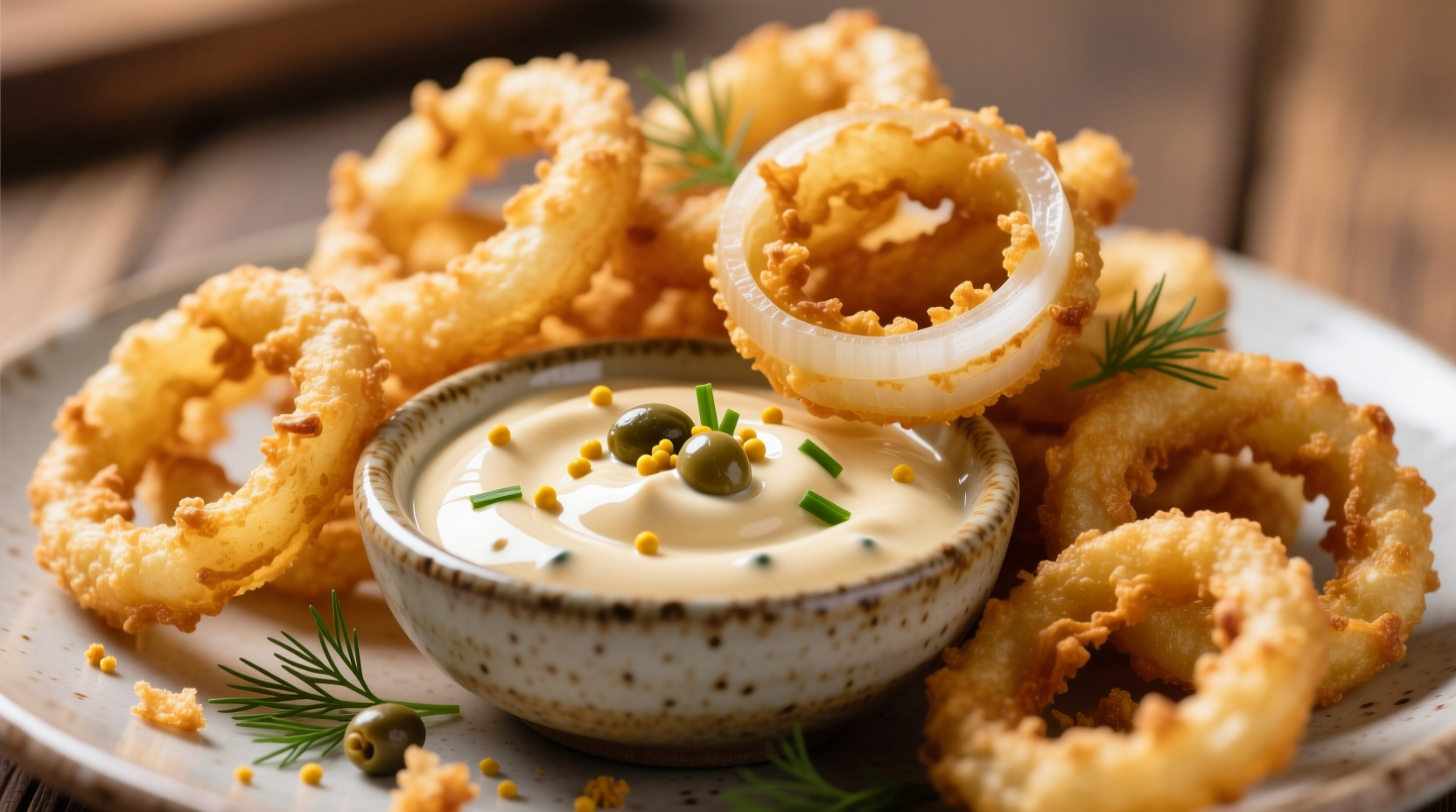 Creamy remoulade sauce in bowl with crispy onion rings