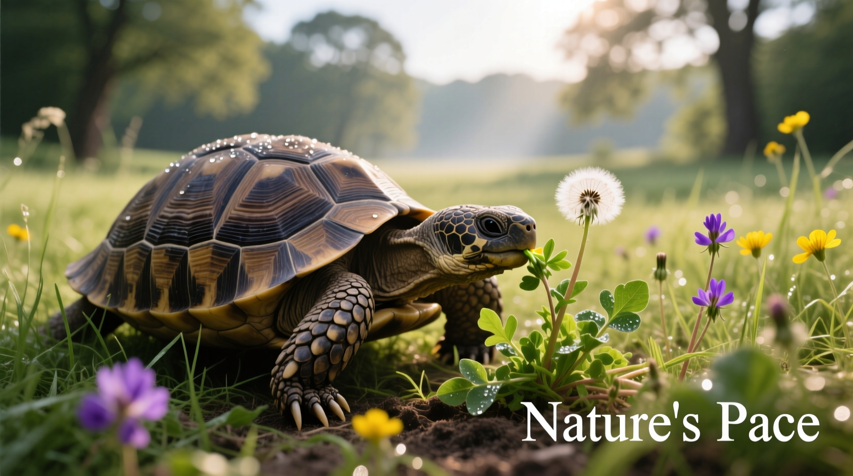 Healthy tortoise eating dandelion greens in natural habitat
