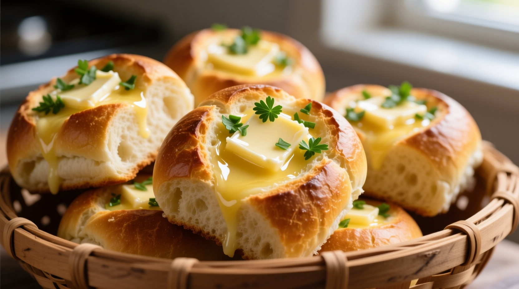 Golden garlic bread rolls with melted butter