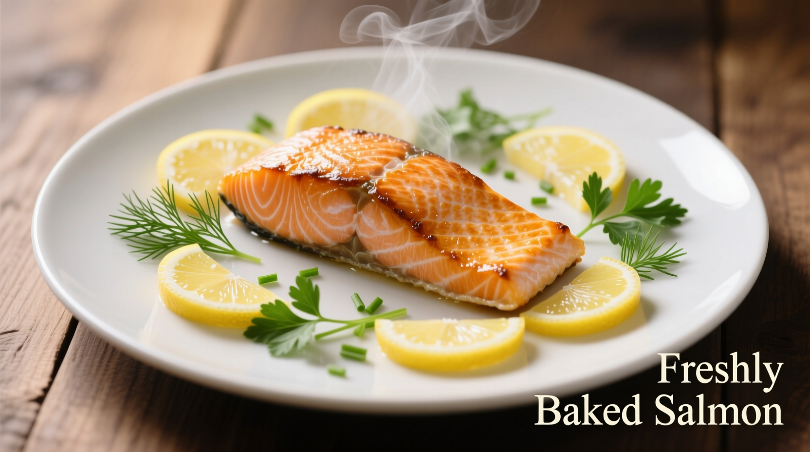 Perfectly baked salmon fillet with lemon slices and herbs