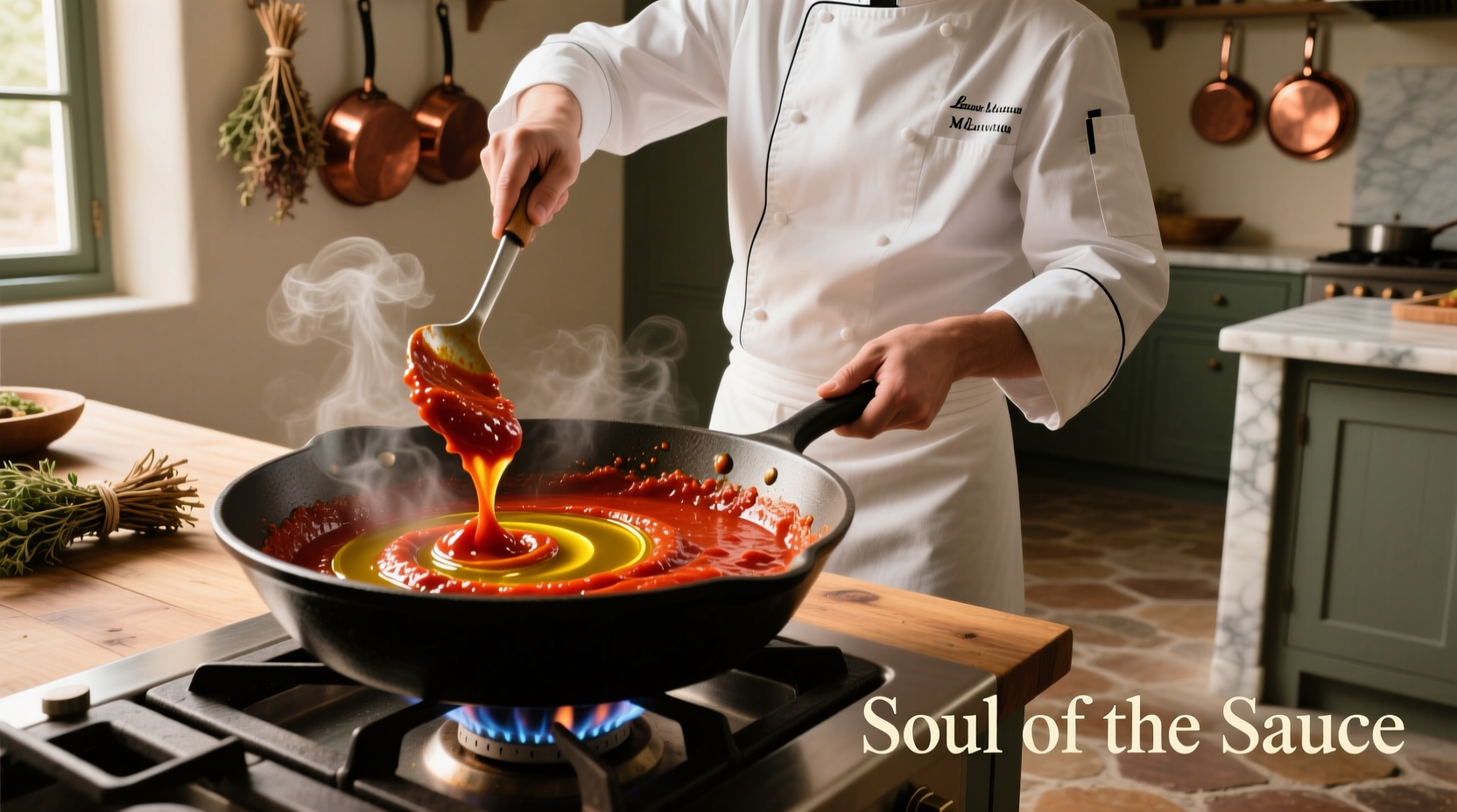 Chef stirring tomato paste in olive oil