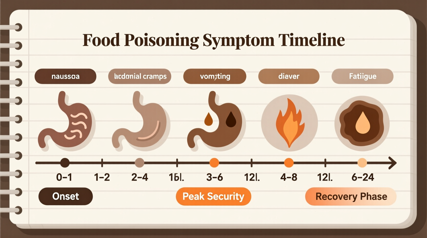 Food poisoning symptoms timeline showing progression