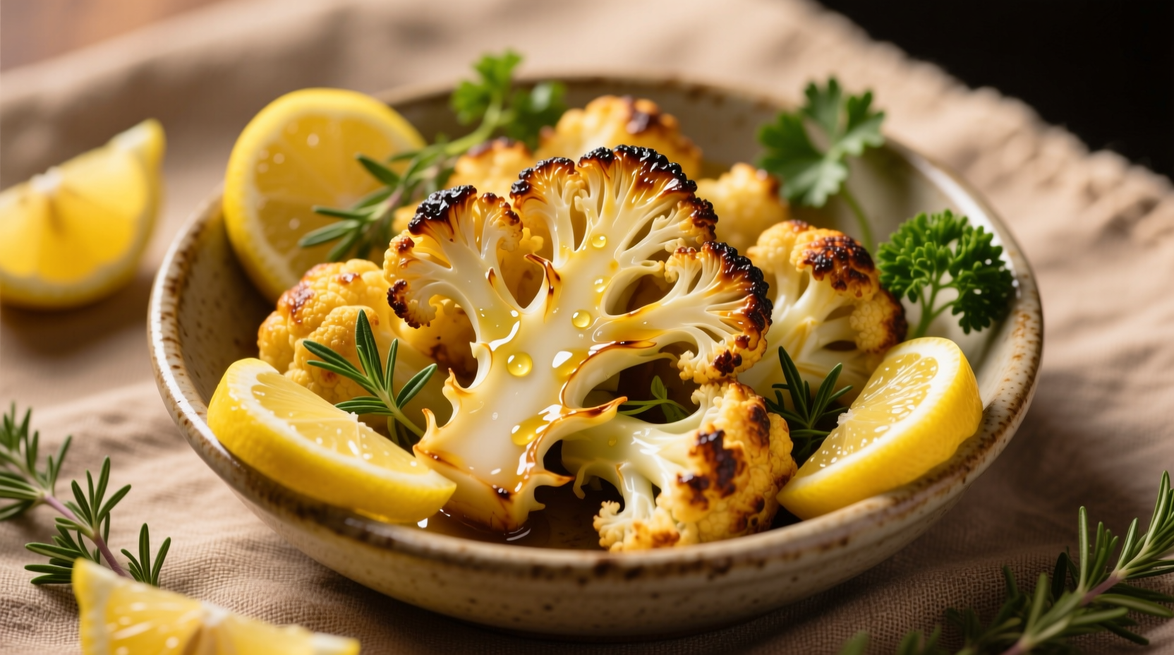 Golden roasted cauliflower florets with lemon slices and herbs